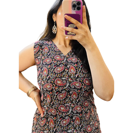 Black Red Paisley Kantha Printed Cotton Straight Long Kurti
