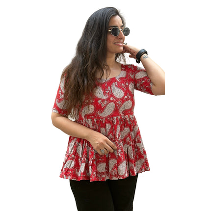 Red Paisley Printed Cotton Peplum Flare Top