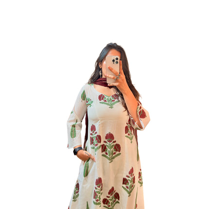 White Floral Printed Cotton A-Line Kurti