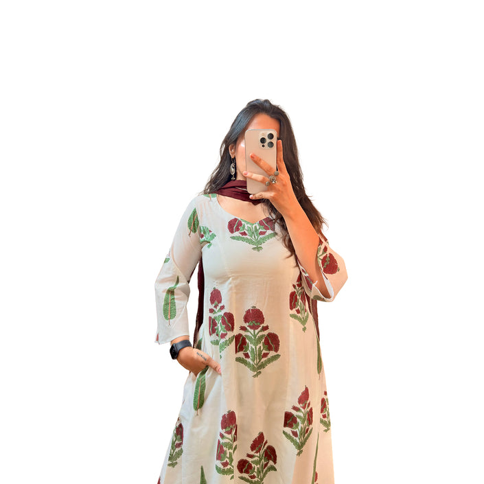 White Floral Printed Cotton A-Line Kurti
