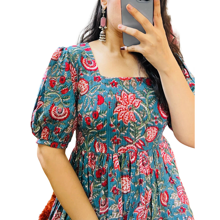 Blue & Red Floral Printed Cotton Peplum Flare Top