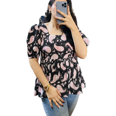Black Paisley Printed Cotton Peplum Flare Top