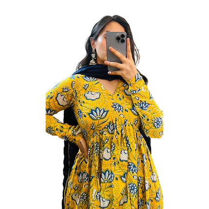 Blue Yellow Floral Printed Cotton Manmohini Alia Cut Kurta