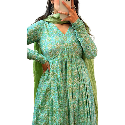 Mint Green Cotton Printed Manmohini Alia Cut Kurta