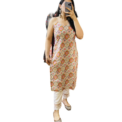 Creme Ajrak Printed Cotton Straight Long Kurti