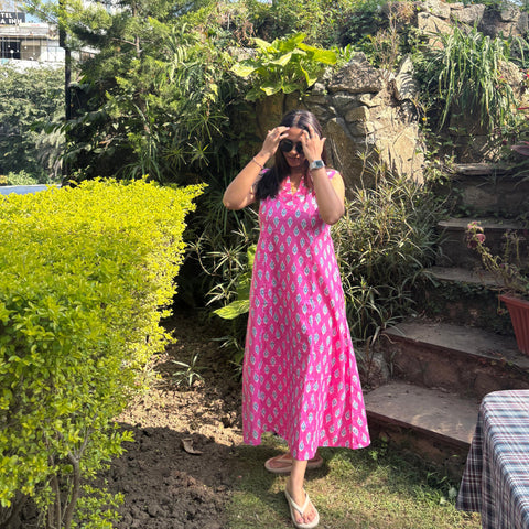 Pink Ikkat Printed Cotton A-Line Kurti