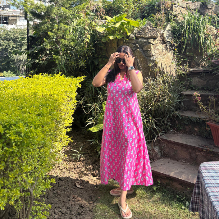 Pink Ikkat Printed Cotton A-Line Kurti