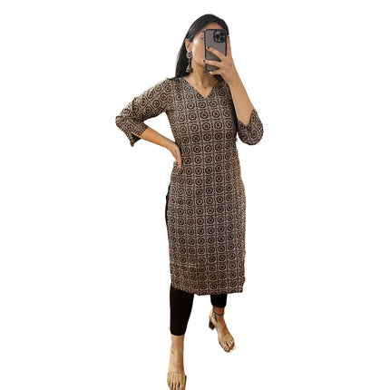 Black Printed Cotton Straight Long Kurti