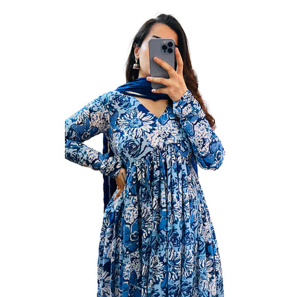 Blue Floral Printed Cotton Manmohini Alia Cut Kurta