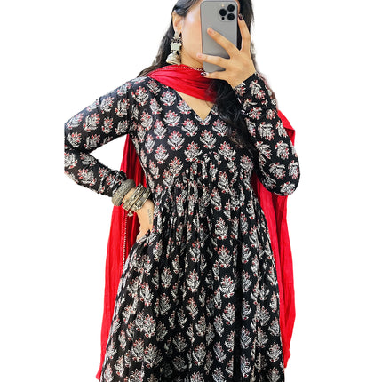 Black Red Printed Cotton Manmohini Alia Cut Kurta