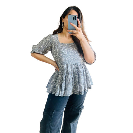 Grey Floral Printed Cotton Peplum Flare Top