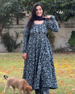 Navy Blue Kantha Printed Cotton Anarkali Kurti