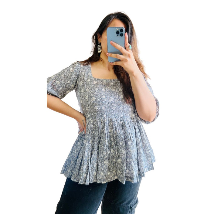 Grey Floral Printed Cotton Peplum Flare Top