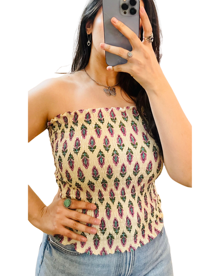 Creme Printed Smocked Tube Top