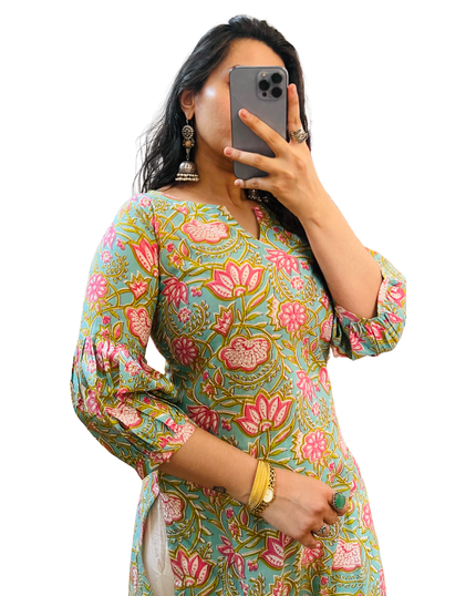 Pastel Pink Mint Green Floral Cotton Straight Long Kurti