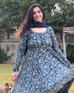 Navy Blue Kantha Printed Cotton Anarkali Kurti