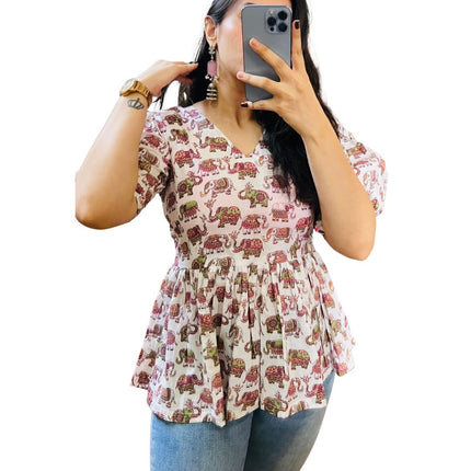 White Hathi Printed Cotton Peplum Flare Top