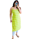Lime Green Printed Cotton Straight Long Kurti