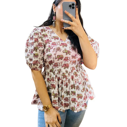 White Hathi Printed Cotton Peplum Flare Top
