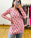 Pastel Pink Leaf Printed Cotton Short Kurti