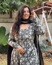 Black And White Floral Printed Cotton Anarkali Kurti