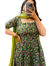 Green Kalamakari Kantha Printed Cotton Anarkali Kurti