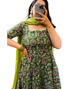Green Kalamakari Kantha Printed Cotton Anarkali Kurti