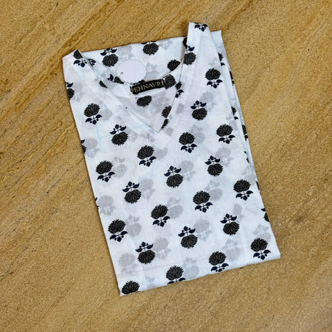 Black & White Floral Cotton Straight Long Kurti