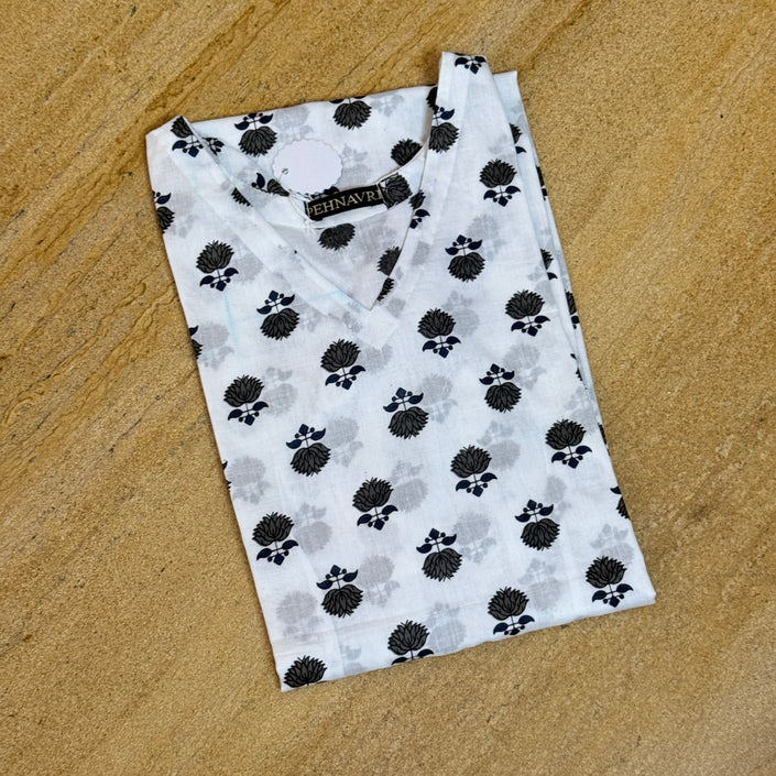Black & White Floral Cotton Straight Long Kurti