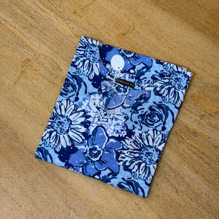 Blue Floral Printed Cotton Straight Long Kurti