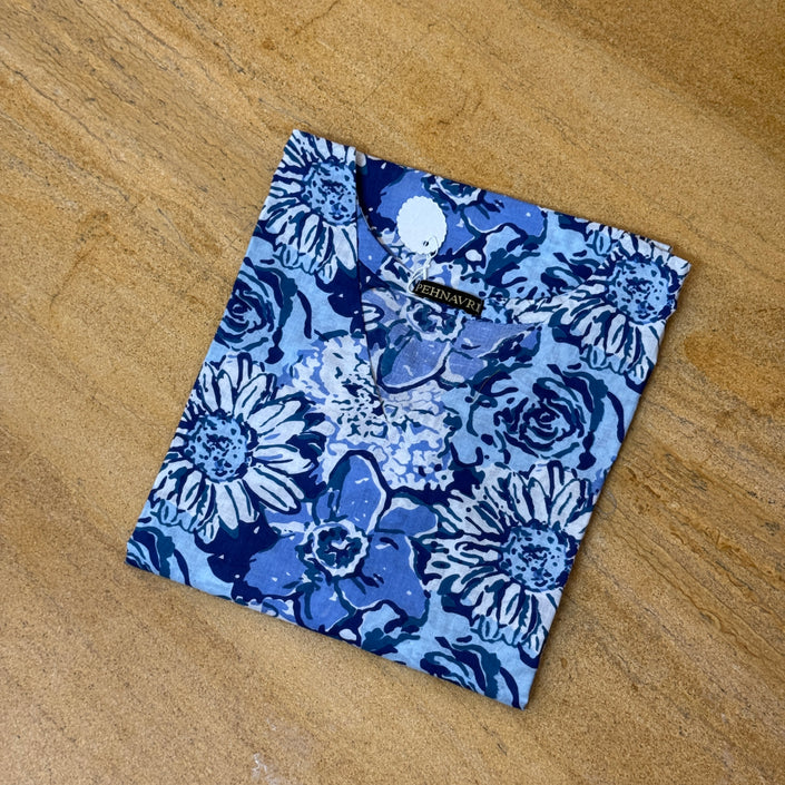 Blue Floral Printed Cotton Straight Long Kurti