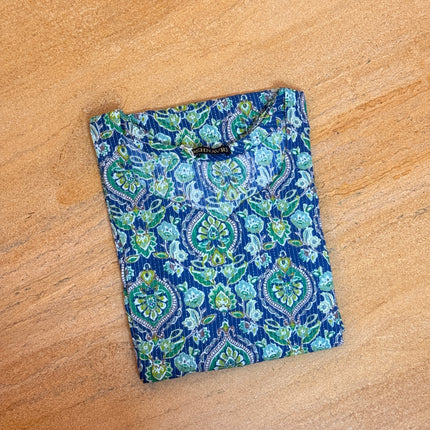 Blue Kalamkari Kantha Printed Cotton Straight Long Kurti