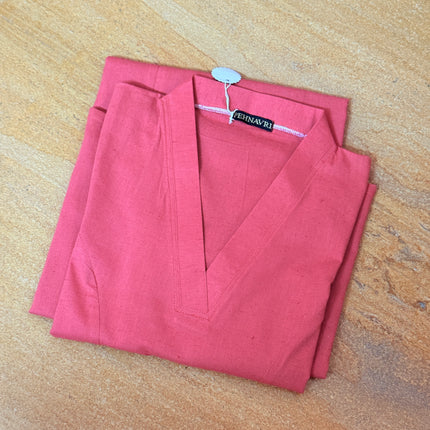 Coral Pink Solid Cotton Straight Long Kurti