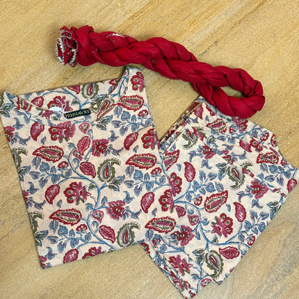 Creme Red Floral Printed Straight Kurta Bottom Dupatta Set