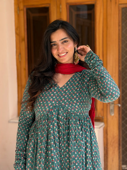 Green Red Cotton Printed Manmohini Alia Cut Kurta