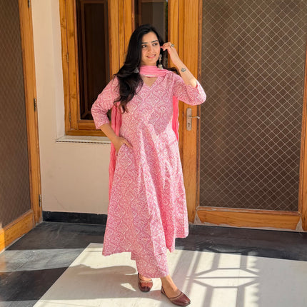 Pastel Pink Printed Cotton A-Line Kurti
