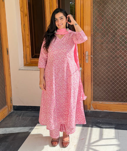 Pastel Pink Printed Cotton A-Line Kurti