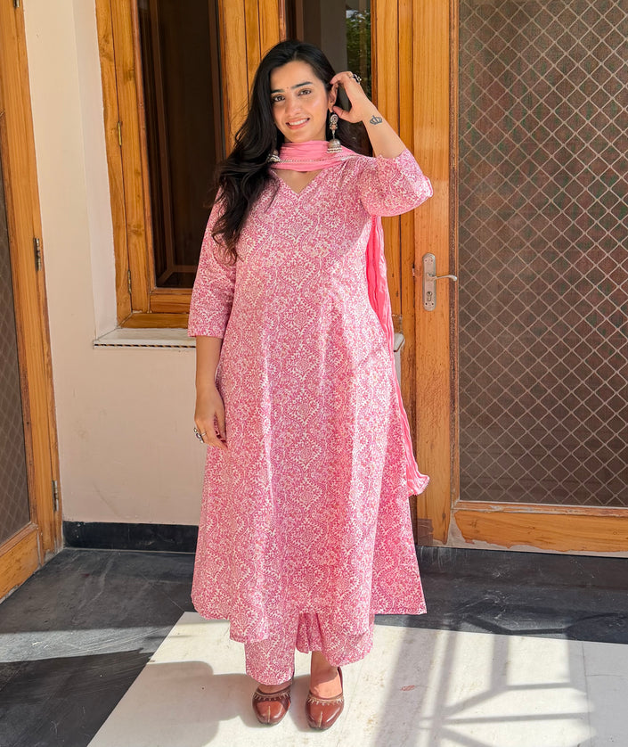 Pastel Pink Printed Cotton A-Line Kurti