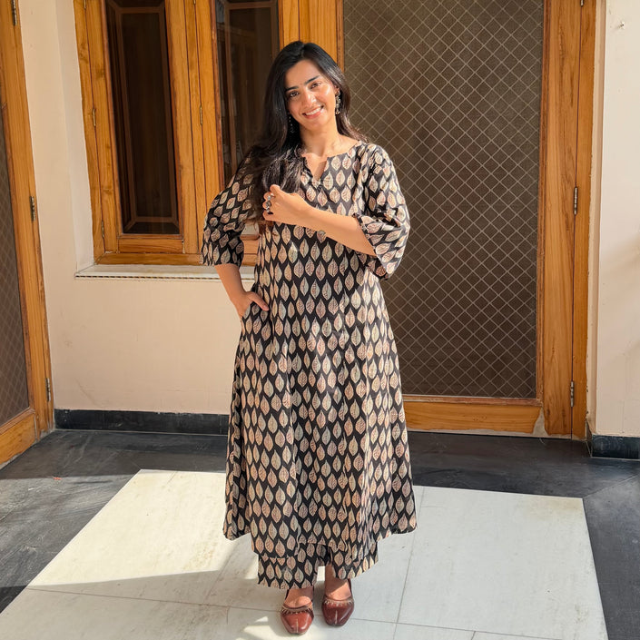 Black Leaf Printed Cotton A-Line Kurti