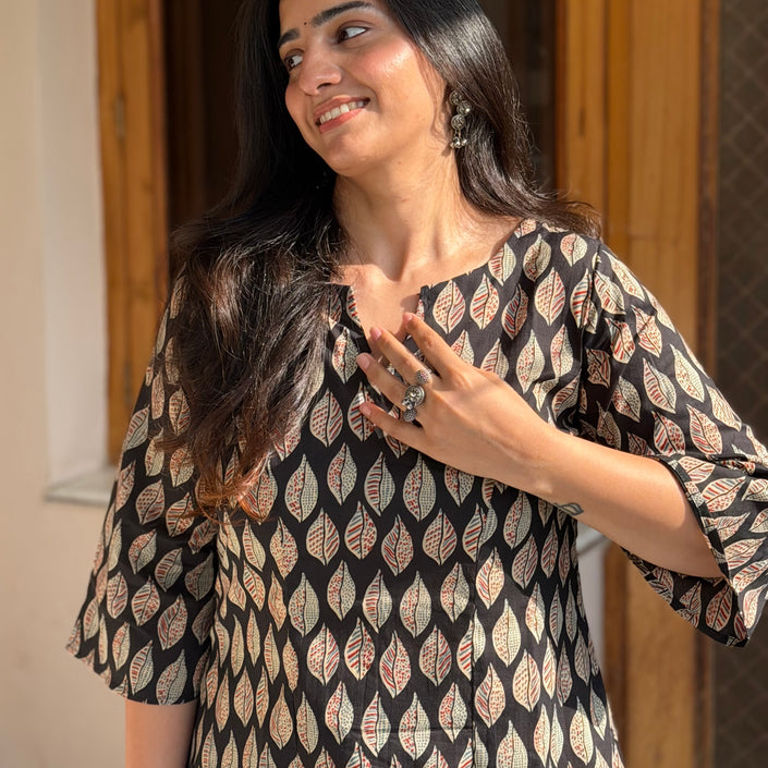 Black Leaf Printed Cotton A-Line Kurti