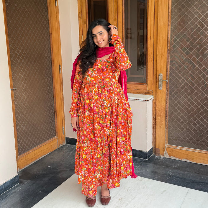 Noor Orange Floral Printed Flare Kurti