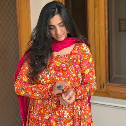 Noor Orange Floral Printed Flare Kurti