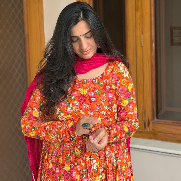 Noor Orange Floral Printed Flare Kurti