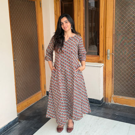 Brown Blue Printed Cotton A-Line Kurti