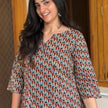 Brown Blue Printed Cotton A-Line Kurti