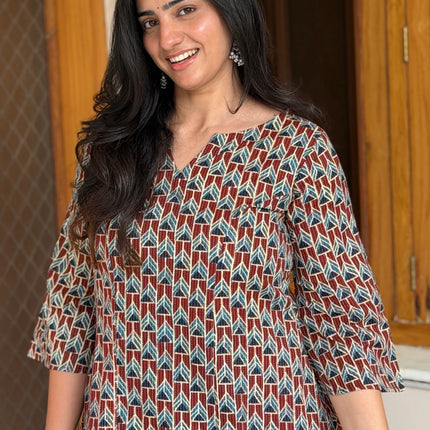Brown Blue Printed Cotton A-Line Kurti