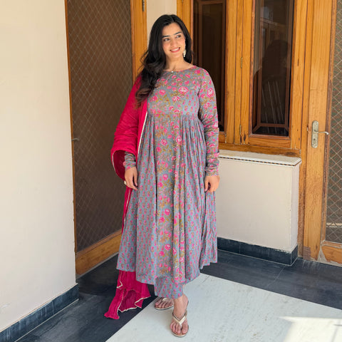 Grey Pink Floral Cotton Printed Anaya Gher Kurta