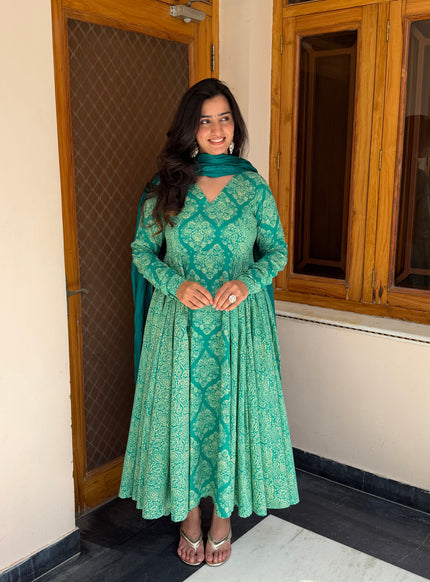 Green Cotton Printed Anaya Gher Kurta