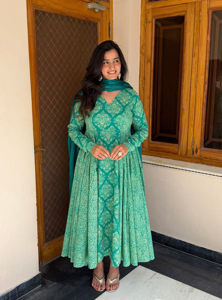 Green Cotton Printed Anaya Gher Kurta