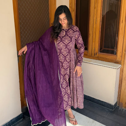Purple Cotton Printed Anaya Gher Kurta